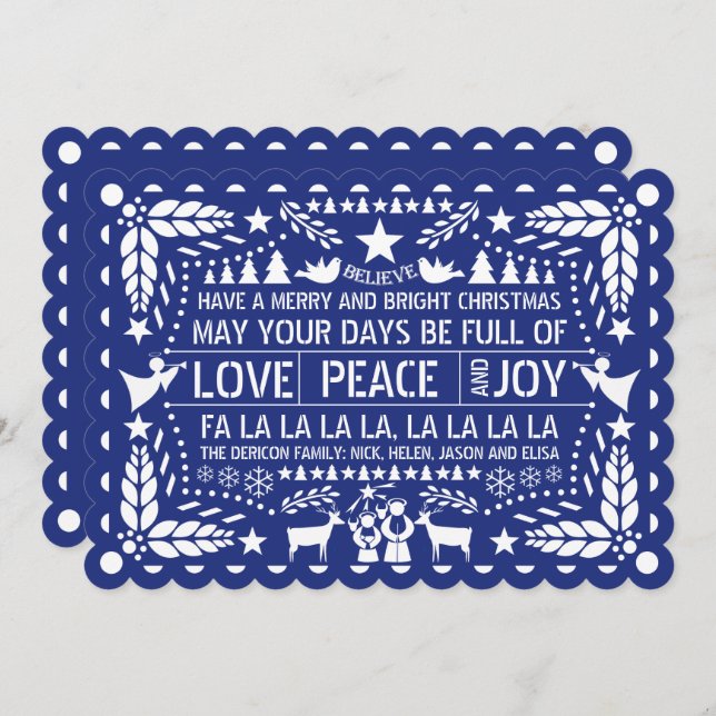 Love, Peace, Joy papel picado Blue Christmas Holiday Card (Front/Back)