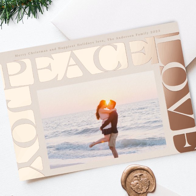 LOVE PEACE JOY photo frame blush rose gold Foil Holiday Card (Creator Uploaded)