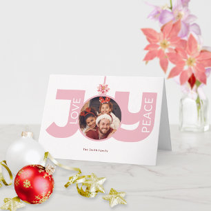 Love Peace Joy Pink Poinsettia Christmas Photo Card