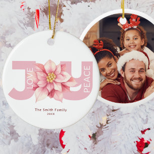 Love Peace Joy Pink Poinsettia Christmas Photo Ceramic Ornament