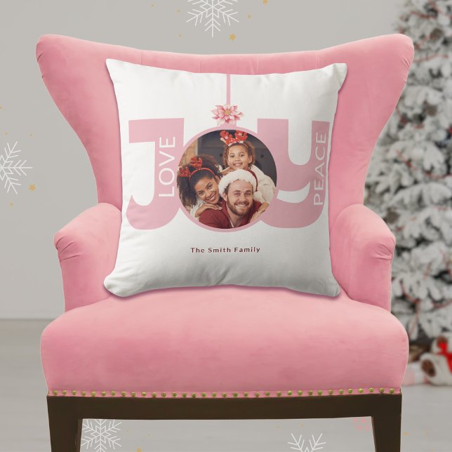 Love Peace Joy Pink Poinsettia Christmas Photo Cushion (Creator Uploaded)