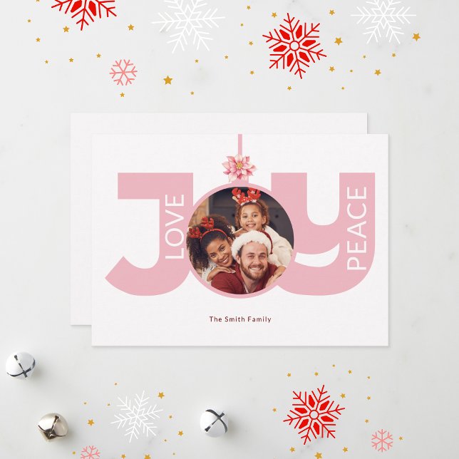 Love Peace Joy Pink Poinsettia Christmas Photo Holiday Card (Creator Uploaded)