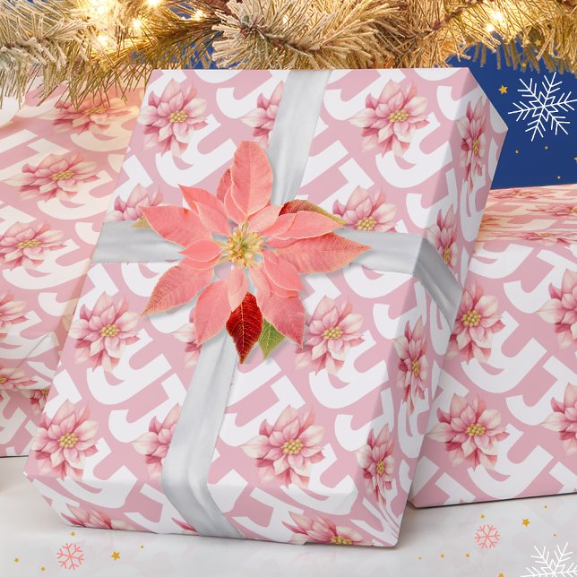 Love Peace Joy Pink Poinsettia Christmas Wrapping Paper (Creator Uploaded)