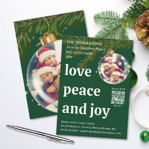 Love Peace Joy QR Photo Green Christmas Party  Invitation