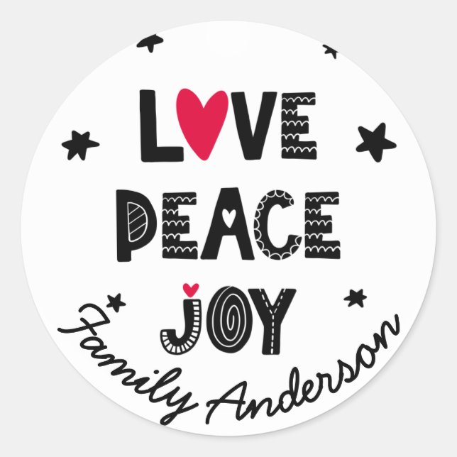 LOVE PEACE JOY Scandinavian Doodle Classic Round Sticker (Front)