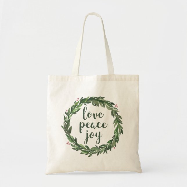 Love Peace Joy. Watercolor winter Christmas wreath Tote Bag (Front)
