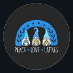 Love Peace Latkes Gnome Hanukkah Chanukah Jewish Classic Round Sticker<br><div class="desc">Love Peace Latkes Gnome Hanukkah Chanukah Jewish</div>