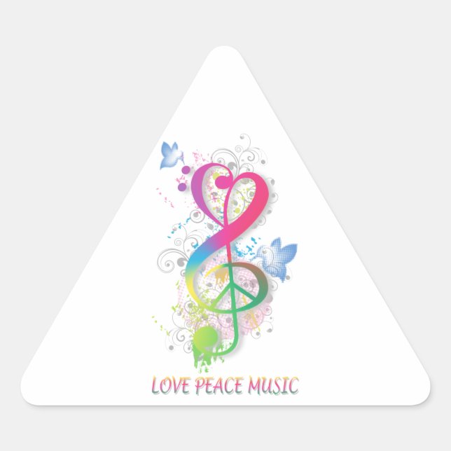 Love Peace Music Splatter swirls flowers birds Triangle Sticker (Front)
