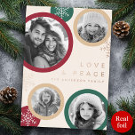 Love peace snowflakes Christmas photo holiday card<br><div class="desc">Merry Christmas card with your custom photos. Customisable text "Love and peace",  and your family name. Accents in real foil</div>