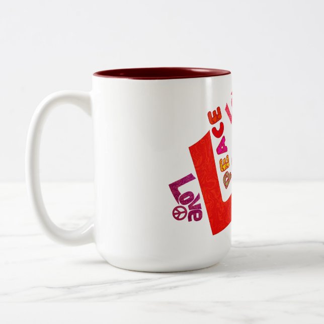 Love, peace, typography Two-Tone coffee mug (Left)