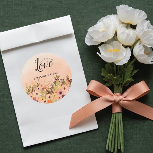 Love Peach Country Garden Watercolor Wedding Classic Round Sticker (Creator Uploaded)