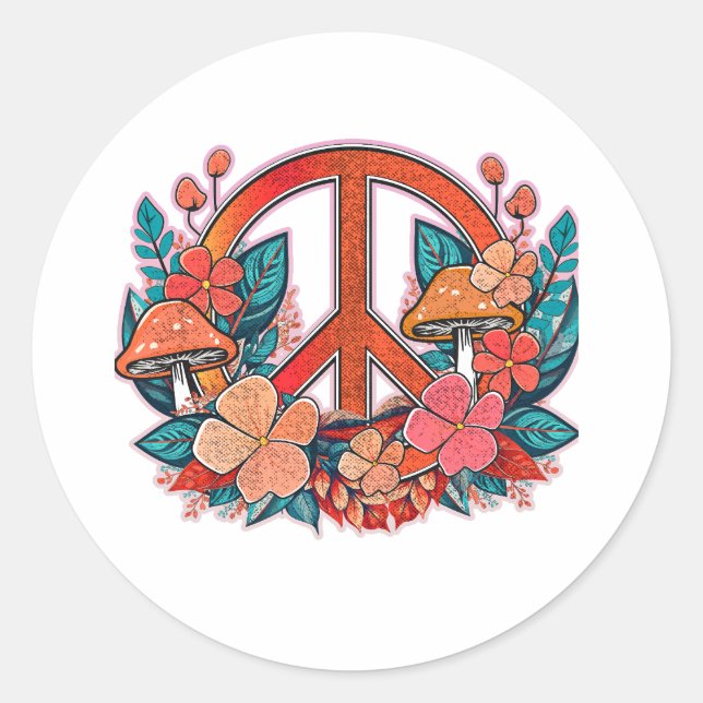 Love Peach Mushrooms and Flowers Classic Round Sticker (Front)