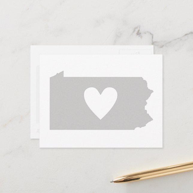 Love Pennsylvania Grey State Map Shape Adore Heart Postcard (Front/Back In Situ)