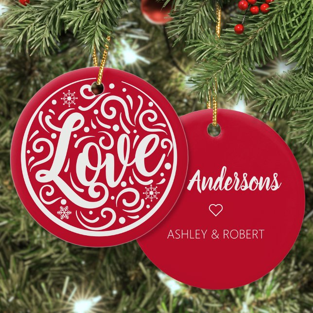 Love Personalized Couple Christmas Holiday Red Ceramic Ornament (Creator Uploaded)