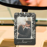 LOVE Personalized Photo Car Car Air Freshener<br><div class="desc">Your favorite photo is framed by white leaves, berries and dots on ANY COLOR background. CHANGE the word LOVE to anything! TIP: Put your text between the squares to retain the text swashes. This air freshener makes affordable gifts for family, friends or create for yourself - great party favors, too!...</div>