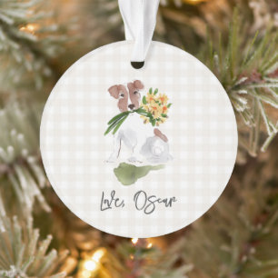 Love PET NAME Gingham Terrier Dog Watercolor Art Ornament