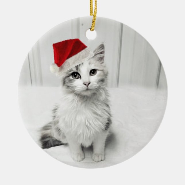 Love, Pet Name Photo Merry Christmas Santa Hat Ceramic Ornament (Front)