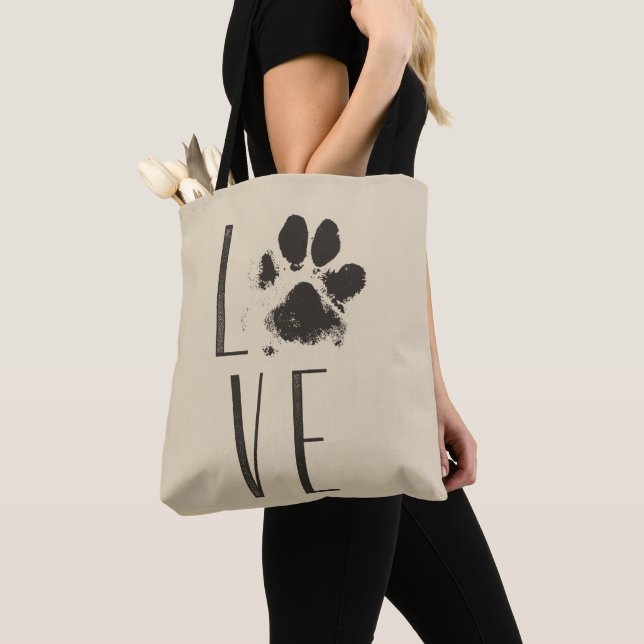 Love Pet Paw Print Brown Grunge Typography Tote Bag (Close Up)
