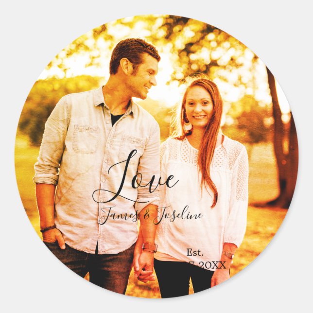 Love photo add name est. Date year wedding couple  Classic Round Sticker (Front)