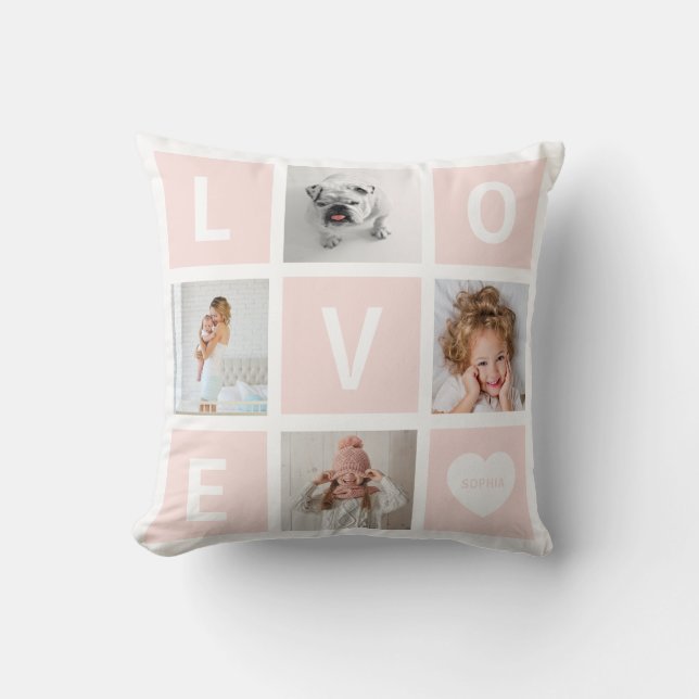 Love Photo Grid and Heart | Blush Pink Cushion (Front)