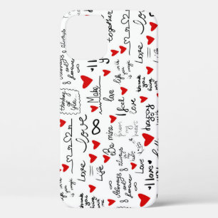 Love phrases, doodle hearts, valentines pattern. iPhone 12 case