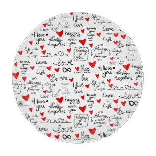 Love phrases, doodle hearts, valentines pattern. cutting board