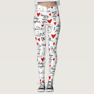 Love phrases, doodle hearts, valentines pattern. leggings