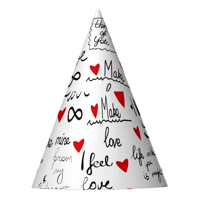Love phrases, doodle hearts, valentines pattern. party hat (Front)