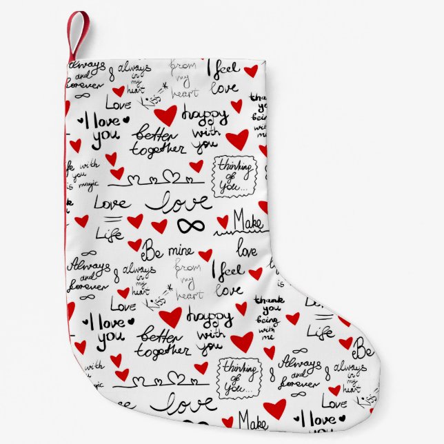 Love phrases, doodle hearts, valentines pattern. small christmas stocking (Front)