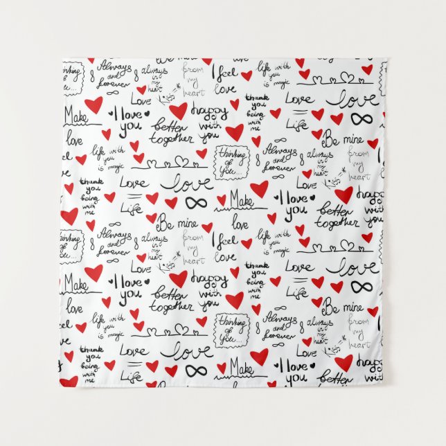 Love phrases, doodle hearts, valentines pattern. tapestry (Front)