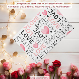 Love pink and black with hearts tea towel