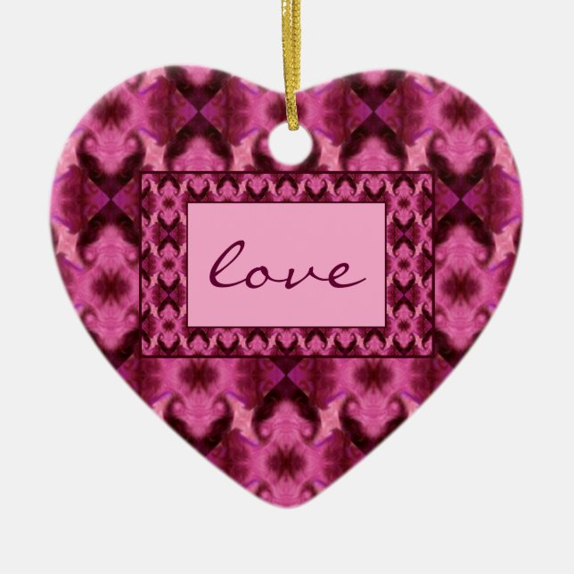 Love Pink Damask Ceramic Ornament (Front)