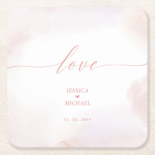 Love   Pink Heart & Watercolor Wedding Square Paper Coaster