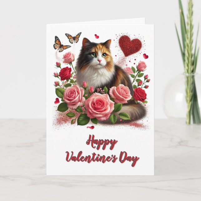 Love Pink Roses and Calico Cat  Valentine's Day  Card (Front)