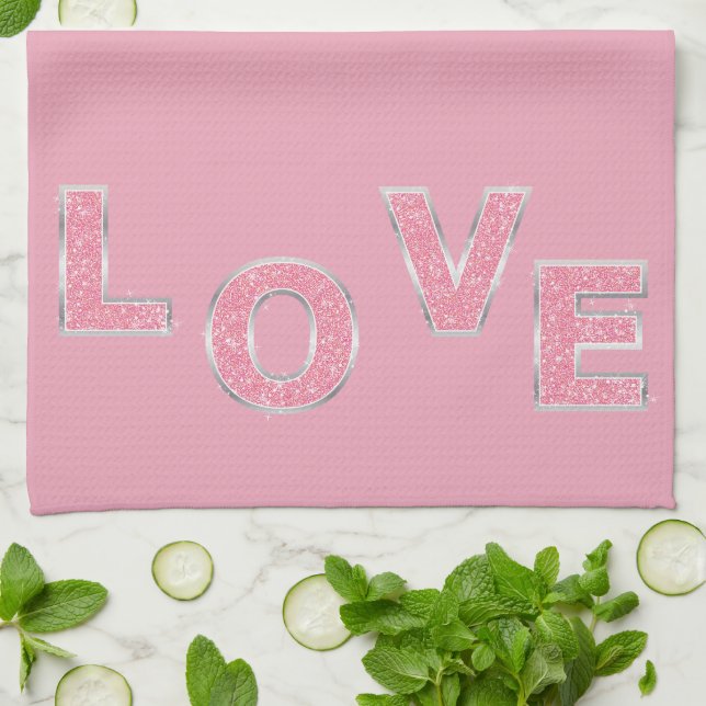 Love Pink Silver Glitter Tea Towel (Folded)