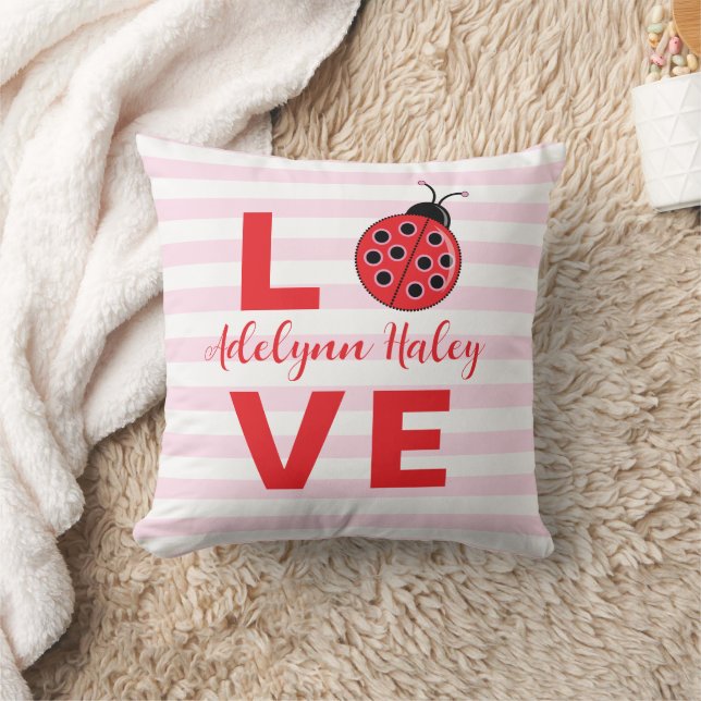 LOVE Pink Striped ladybug Throw Pillow (Blanket)