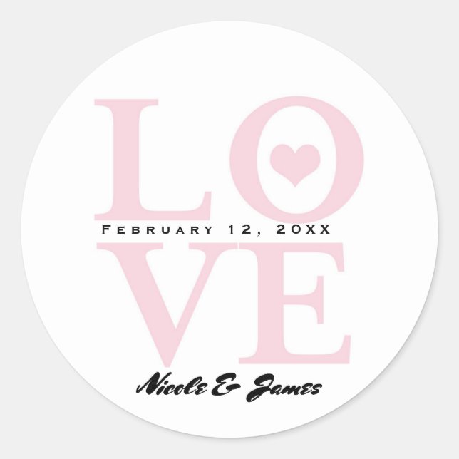 LOVE Pink & White Modern Chic Wedding Favour Classic Round Sticker (Front)