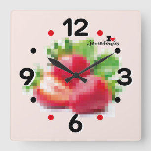 LOVE PIXEL FRUIT BY MASANSER STRAWBERRIES SQUARE WALL CLOCK