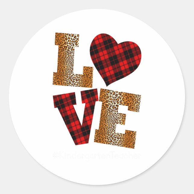 Love Plaid Red Leopard Kindergarten Teacher Valent Classic Round Sticker (Front)