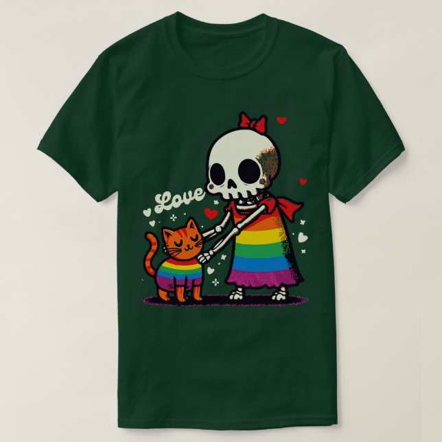 Love Pride Funny Skeleton And Cat T-Shirt (Design Front)
