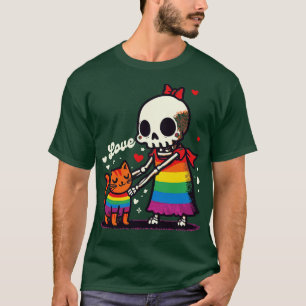 Love Pride Funny Skeleton And Cat T-Shirt