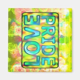 love & pride text in yellow hues on text plate magnet