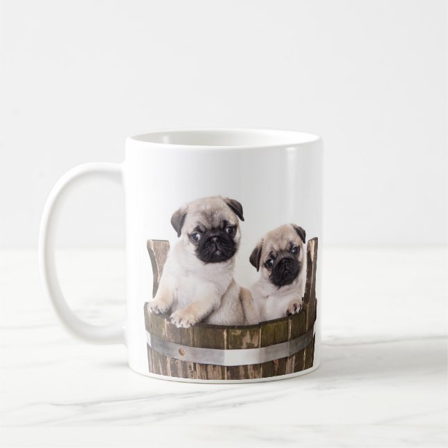 Love Pugs Puppy Dogs in Wooden Crate Barrel Coffee Mug (Left)