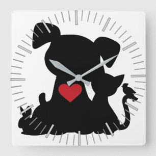 Love Puppy and Kitten Silhouette Square Wall Clock