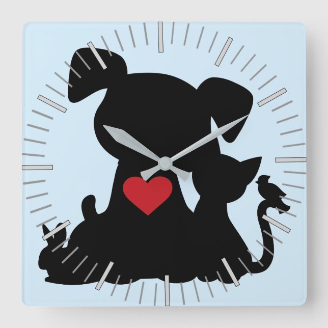 Love Puppy and Kitten Silhouette Square Wall Clock (Front)