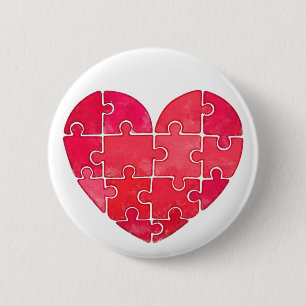 Love puzzle solved, red puzzle heart 6 cm round badge
