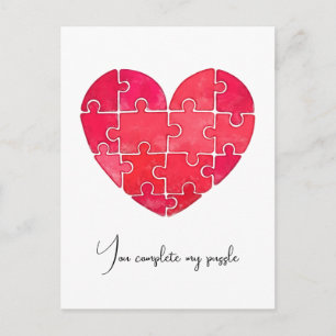 Love puzzle solved, red puzzle heart postcard