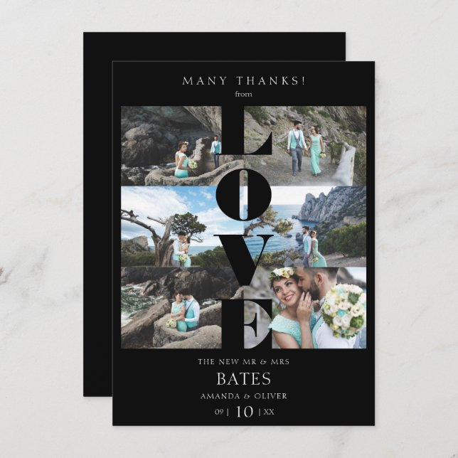 Love Quote Black Trendy Collage Wedding 6 Photos Thank You Card (Front/Back)