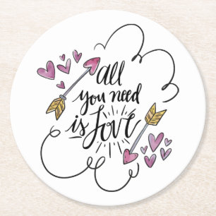 Love Quote Hearts Arrows Purple Wedding Party Round Paper Coaster