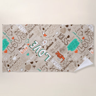 Love Quotes Doodle Pattern Beach Towel